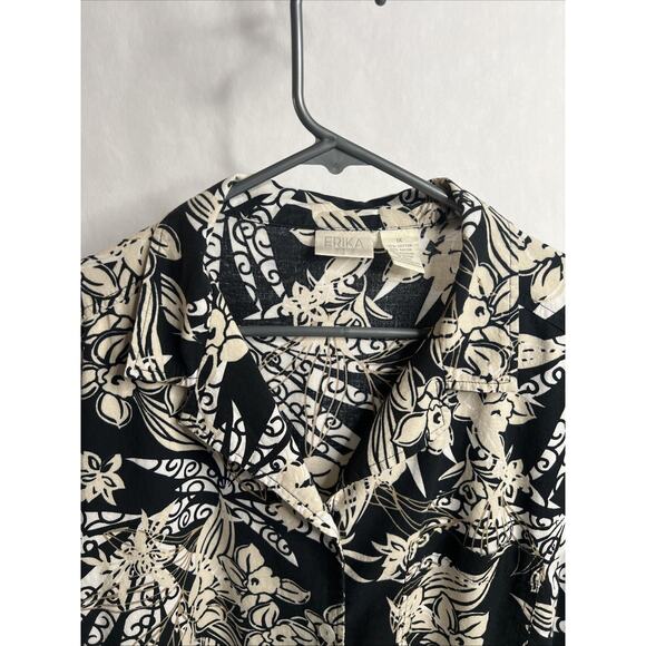 Erika Women’s 1X Black/Ivory Floral Hawaiian Shrt Sleeve Cotton Blend Button Up - Picture 2 of 7